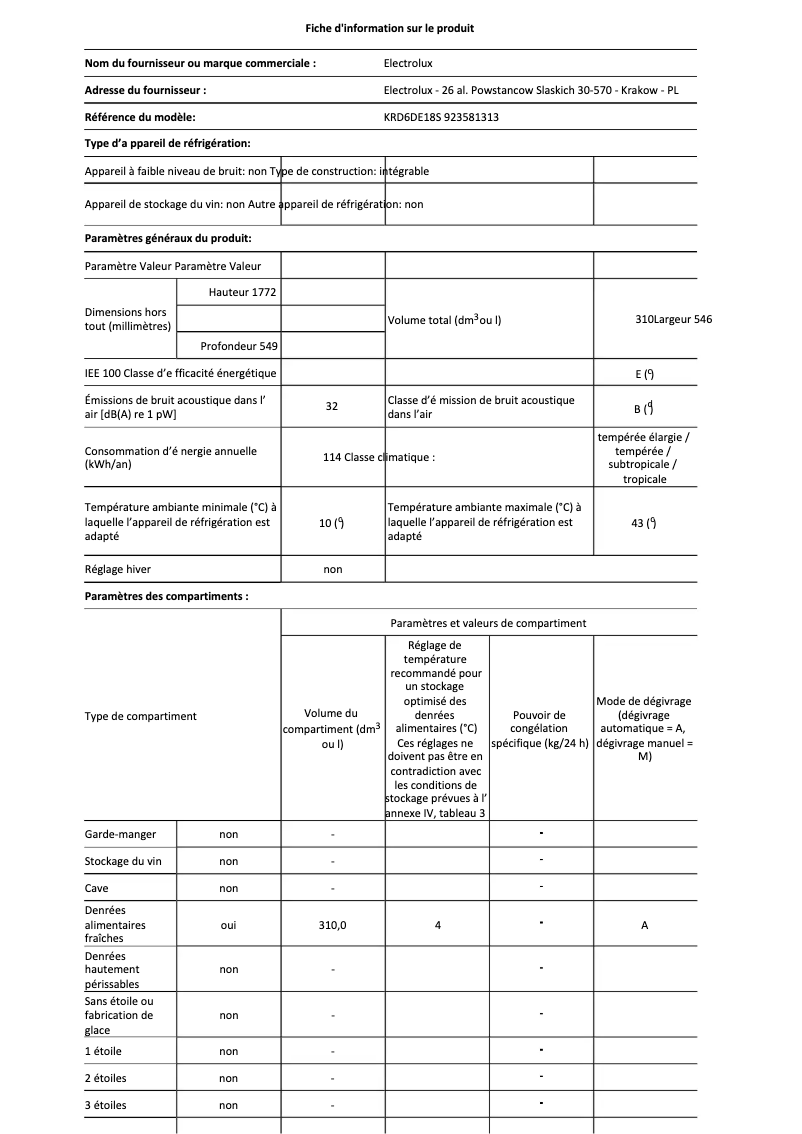 Page 1 de la notice Fiche technique Electrolux KRD6DE18S