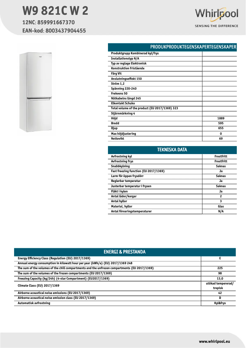 Page n°1 - Fiche technique Whirlpool W9 821C W 2
