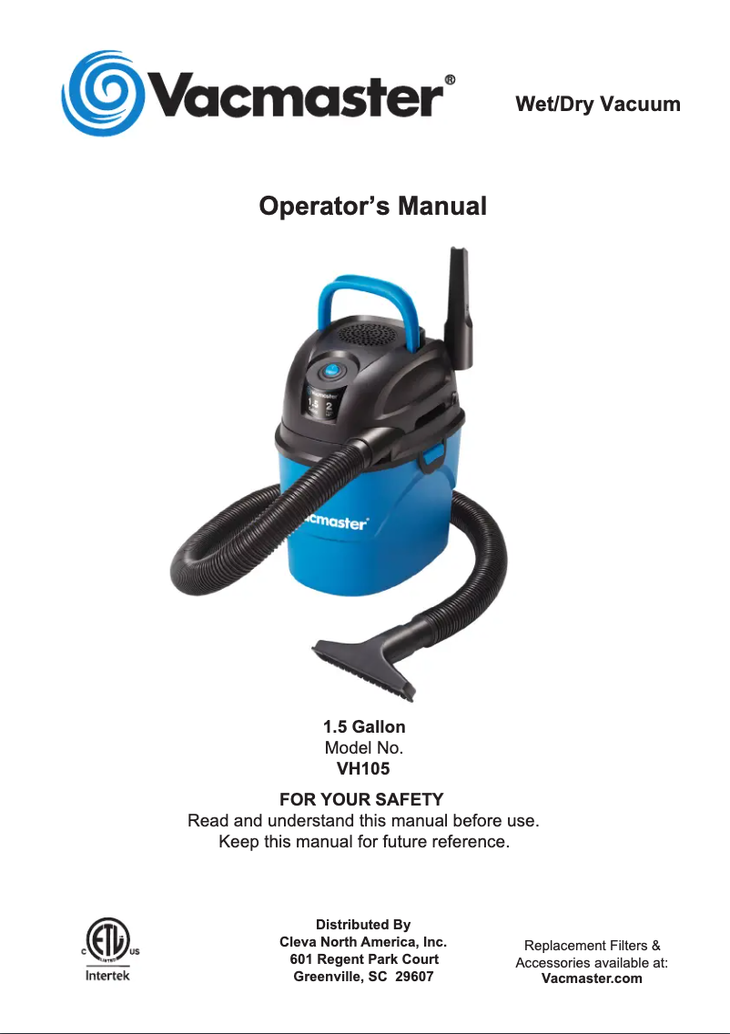 Page n°1 - Manuel utilisateur Vacmaster VH105