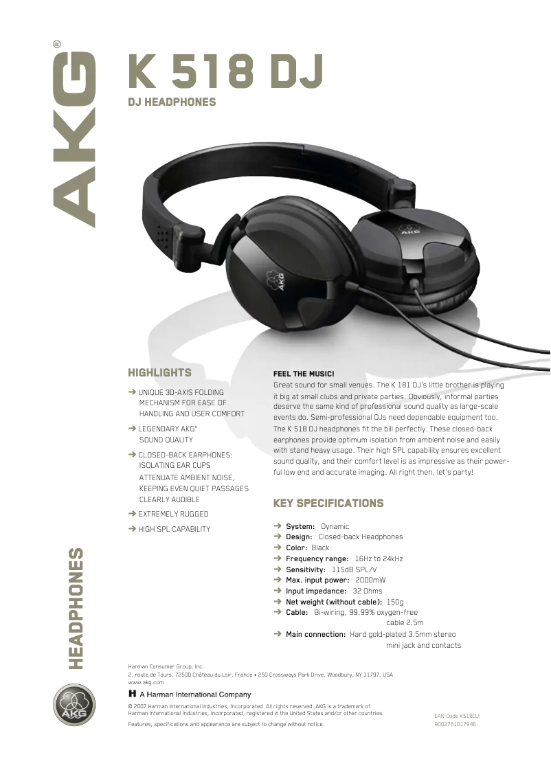 Page 1 de la notice Manuel utilisateur AKG K518