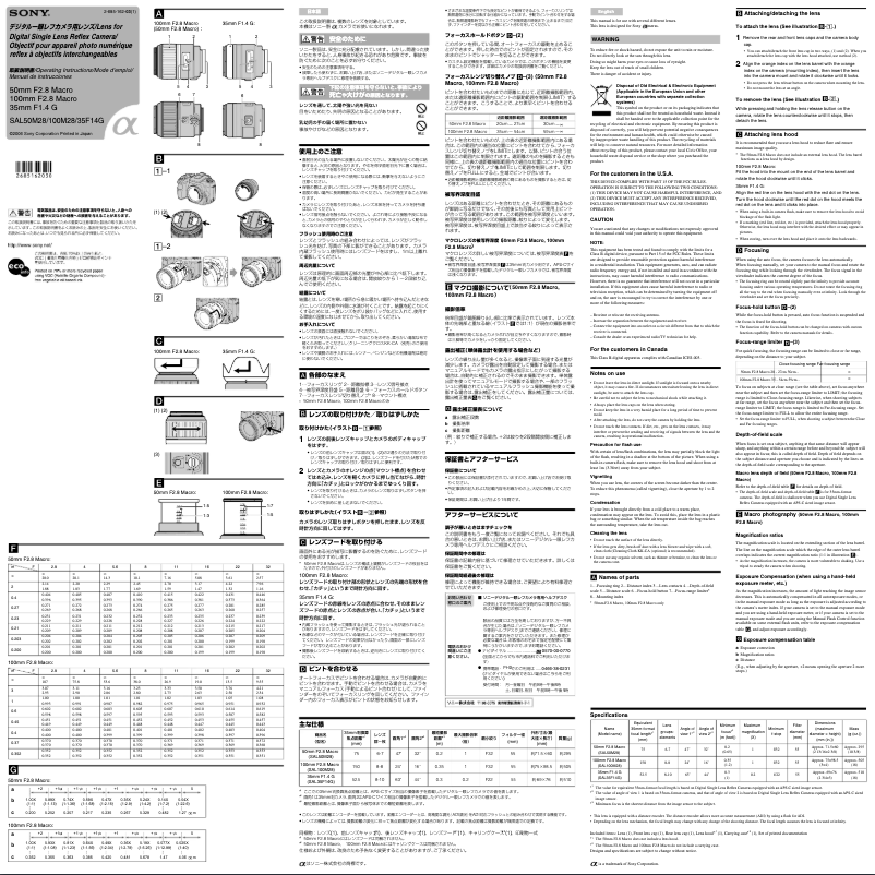 Page 1 de la notice Manuel utilisateur Sony SAL50M28