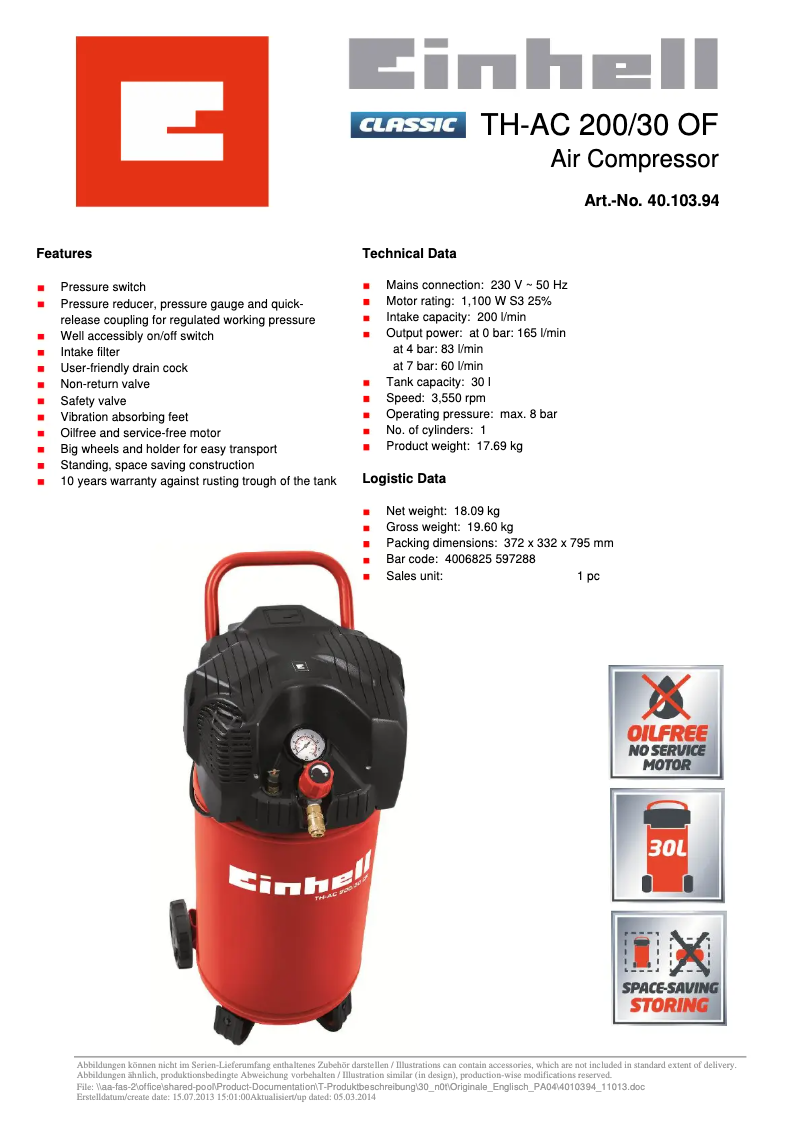 Page 1 de la notice Fiche technique Einhell TH-AC 200/30 OF