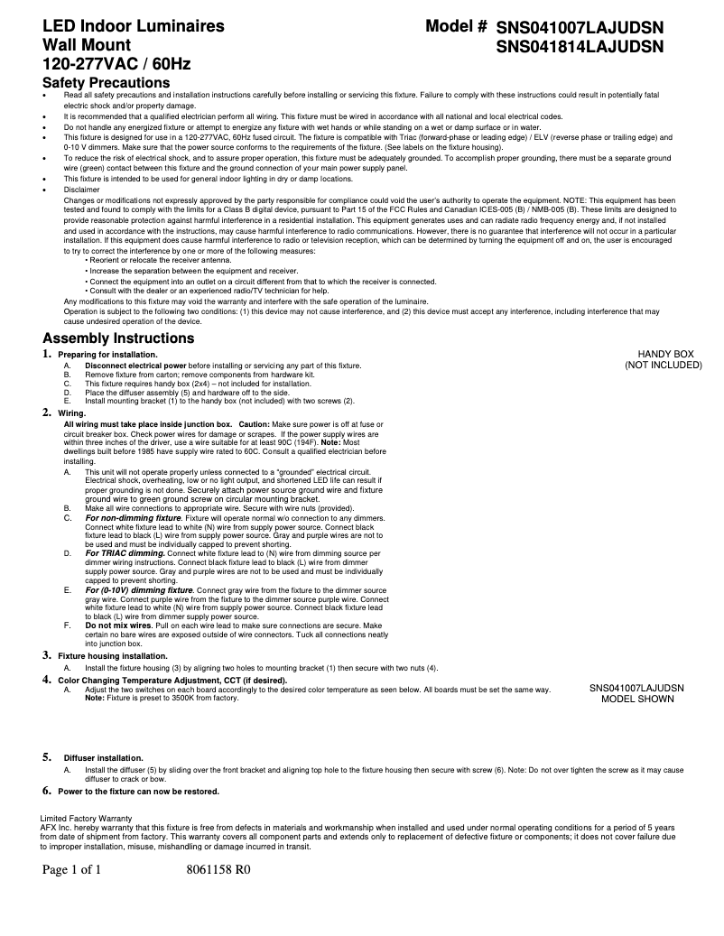 Page n°1 - Manuel utilisateur AFX Sinclair SNS041814LAJUDSN