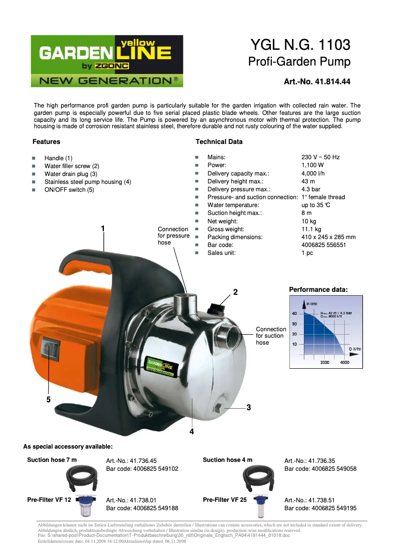 Page n°1 - Manuel utilisateur Yellow Garden Line YGL N.G. 1103