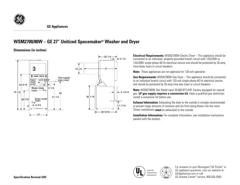 Page 1 de la notice Fiche technique GE WSM2780WWW