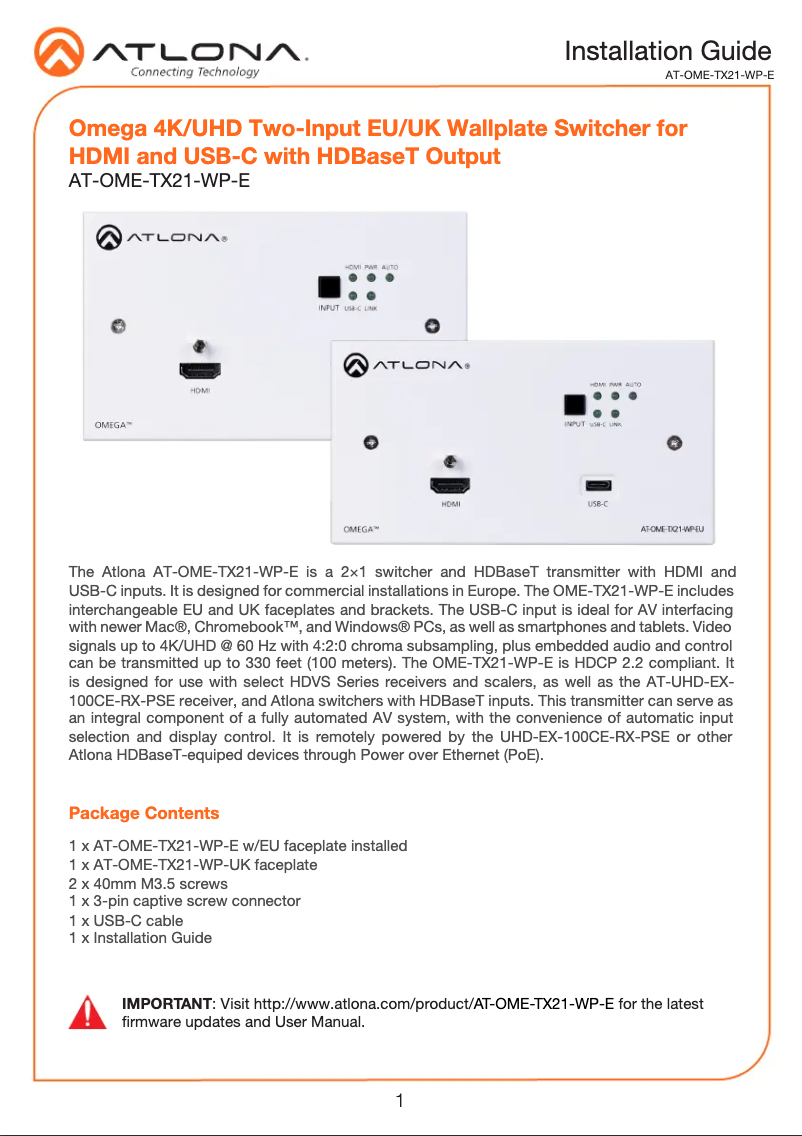 Page 1 de la notice Guide d'installation Atlona AT-OME-TX21-WP-E