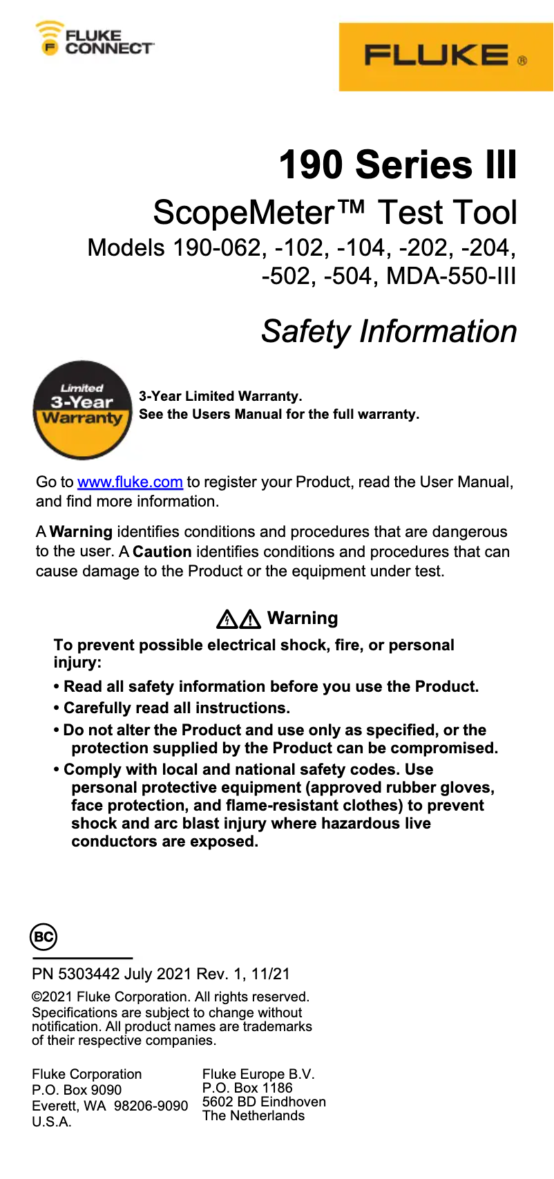 Image de la première page du manuel de l'appareil ScopeMeter 190
