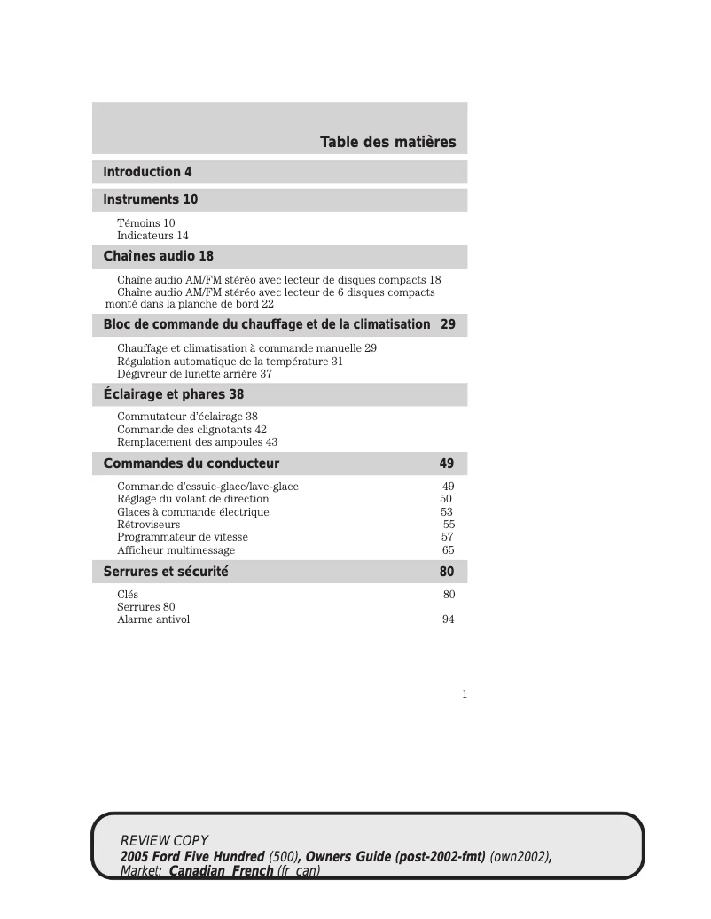 Page n°1 - Manuel utilisateur Ford Five Hundred (2005)