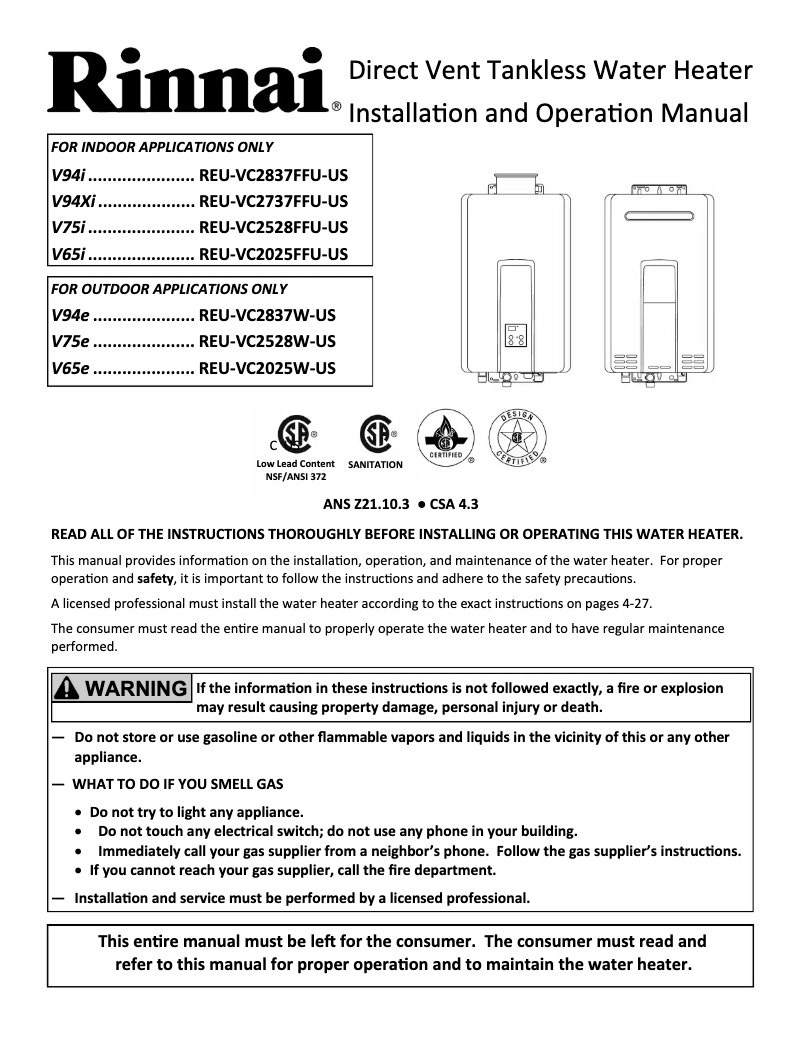 Page 1 de la notice Guide d'installation Rinnai V75eP