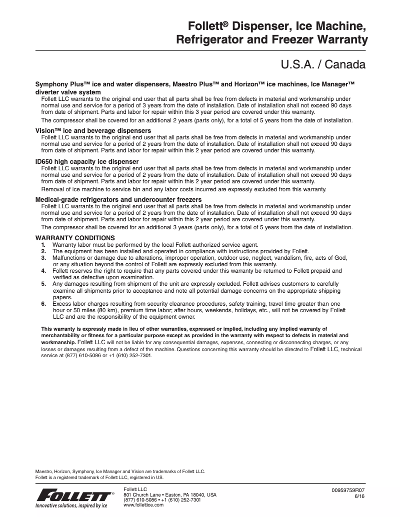 Page 1 de la notice Informations de garantie Follett 50FB425A-L