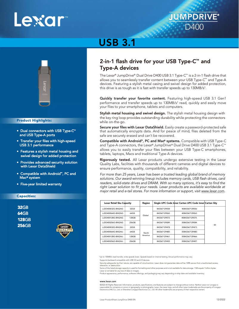 Page 1 de la notice Manuel utilisateur Lexar JumpDrive D400