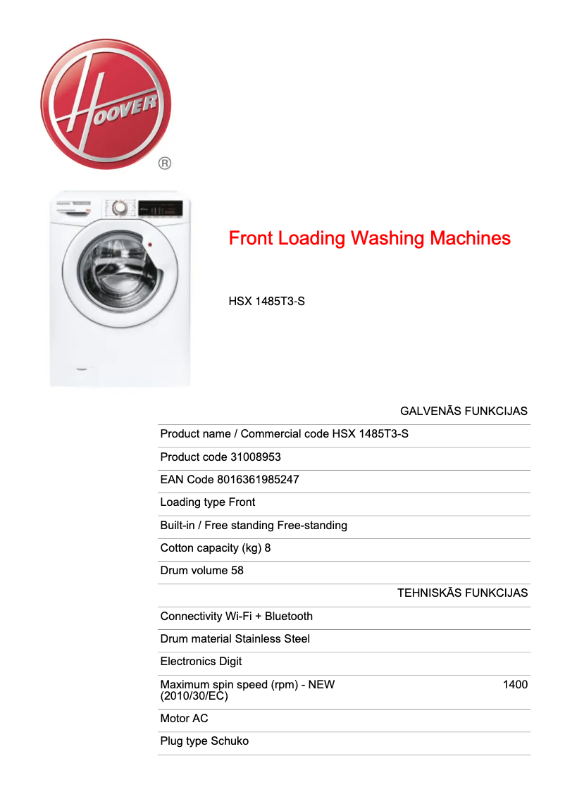Page 1 de la notice Fiche technique Hoover HSX 1485T3-S