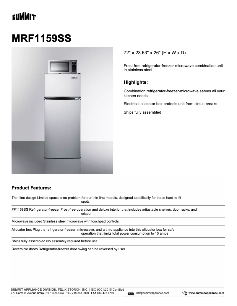 Page 1 de la notice Fiche technique Summit MRF1159