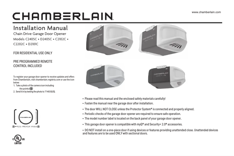 Page 1 de la notice Manuel utilisateur Chamberlain D2101C
