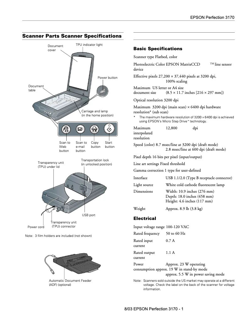 Page 1 de la notice Fiche technique Epson Perfection 3170 Photo