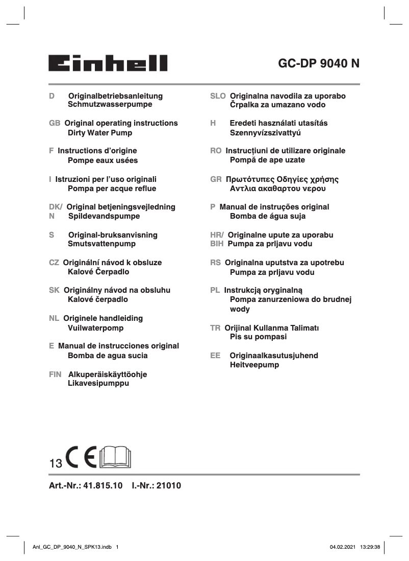 Page n°1 - Manuel utilisateur Einhell GC-DP 9040 N