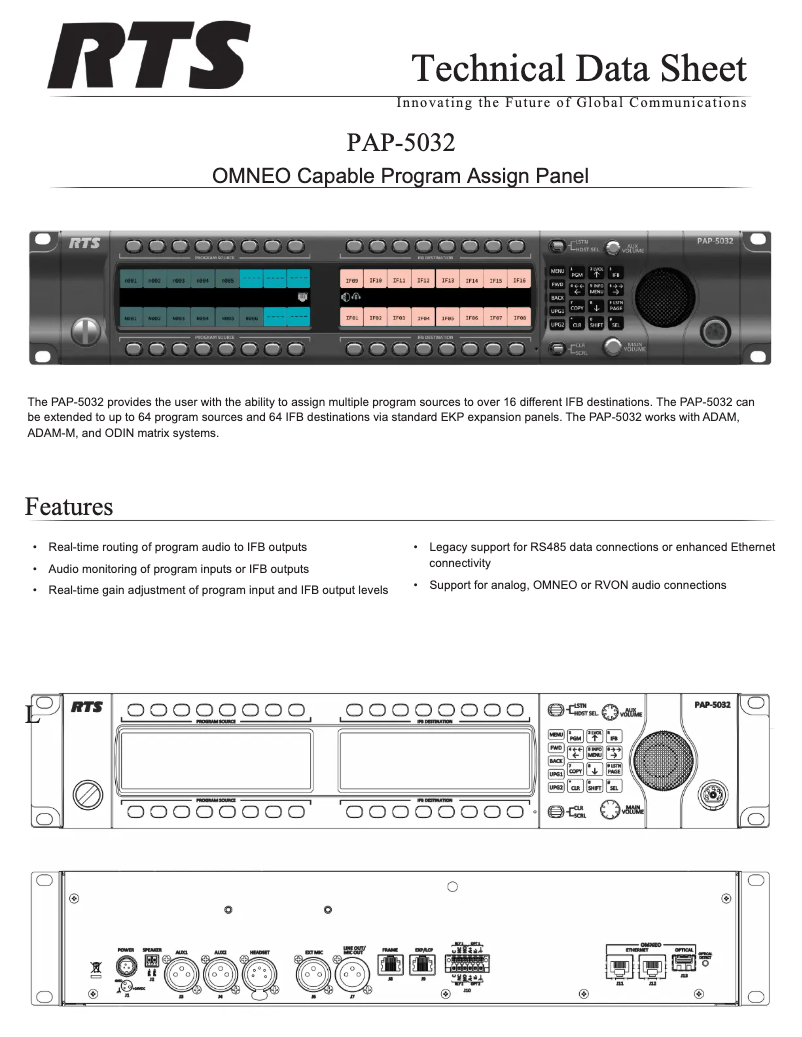 Page 1 de la notice Fiche technique RTS PAP-5032