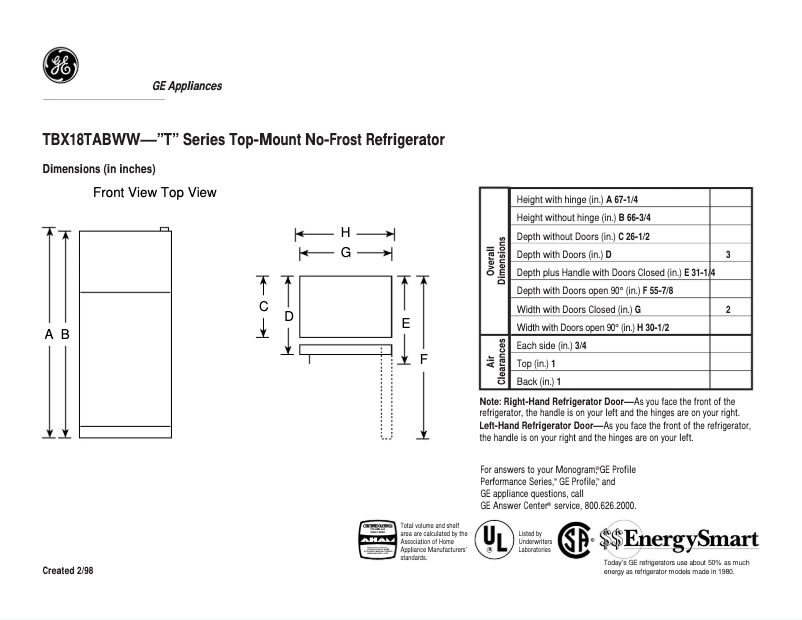 Page 1 de la notice Fiche technique GE TBX18TABWW