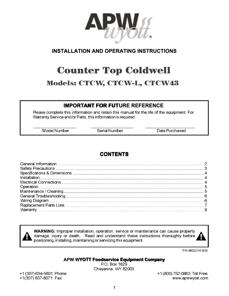 Page n°1 - Manuel utilisateur APW Wyott CTCW-43