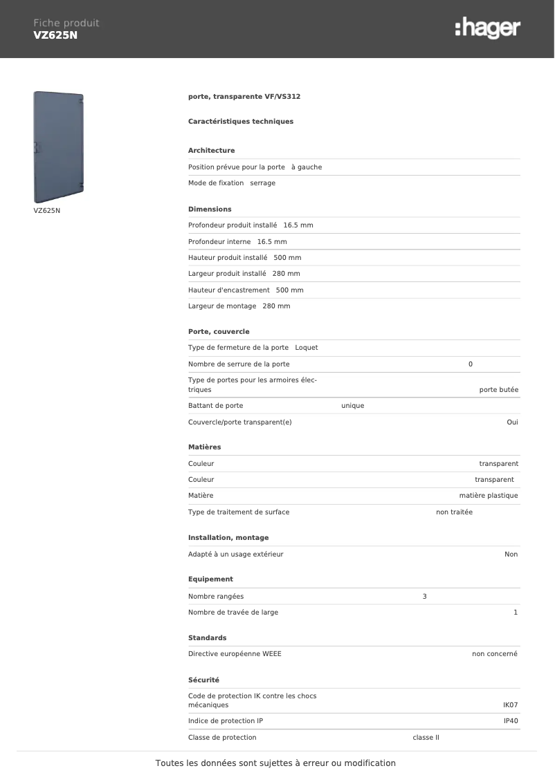 Page n°1 - Fiche technique Hager VZ625N
