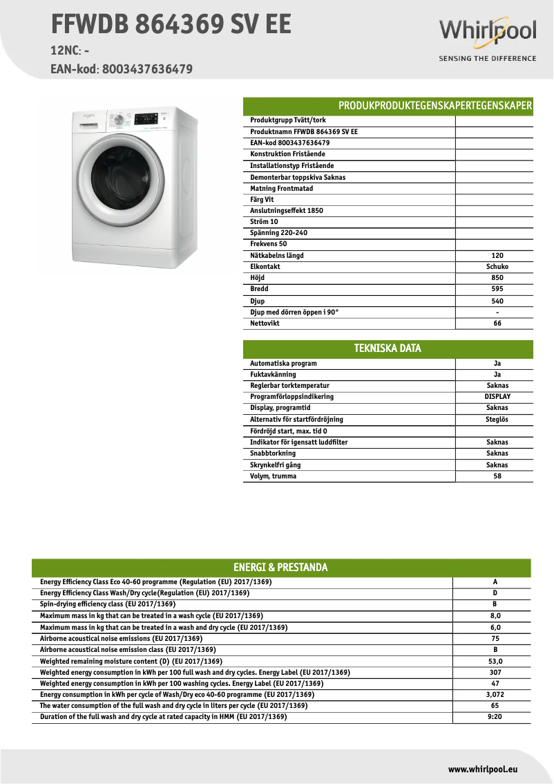 Page 1 de la notice Fiche technique Whirlpool FFWDB 864369 SV EE