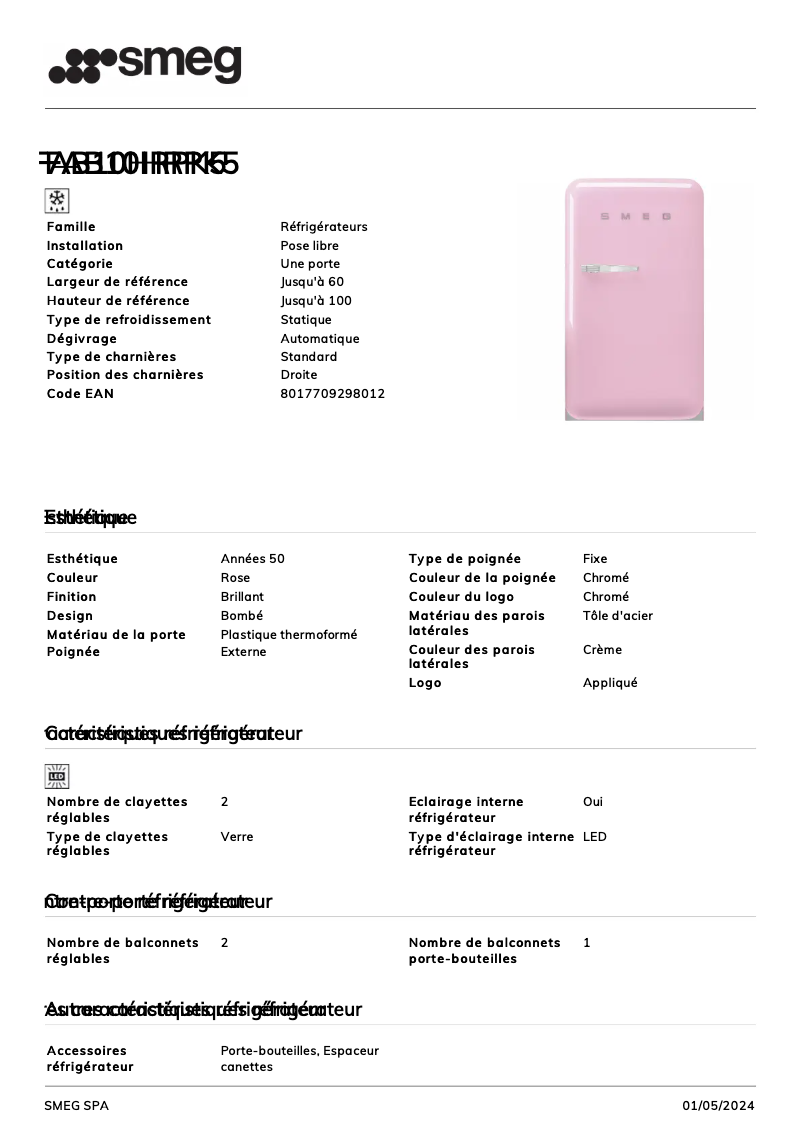 Page n°1 - Fiche technique Smeg FAB10HRPK5