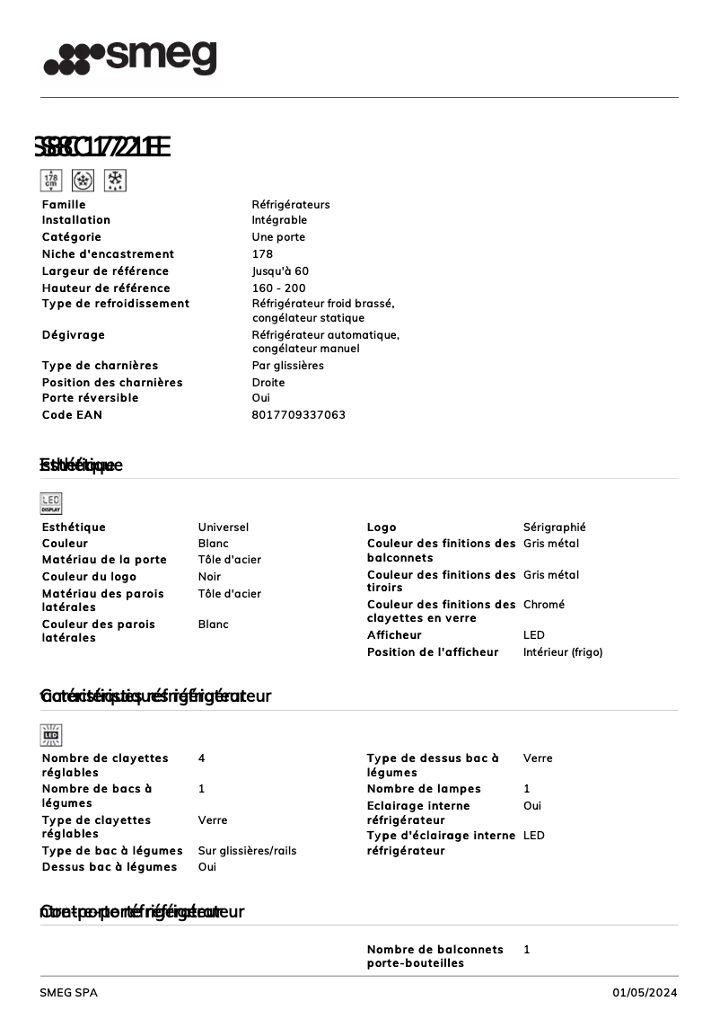 Page n°1 - Fiche technique Smeg S8C1721E
