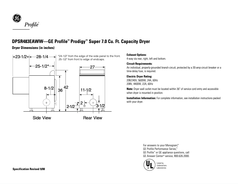 Página 1 del manual Ficha técnica GE Profile Prodigy DPSR483EAWW