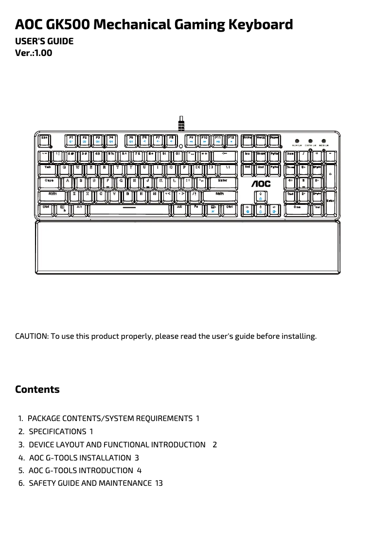Page 1 de la notice Manuel utilisateur AOC GK500