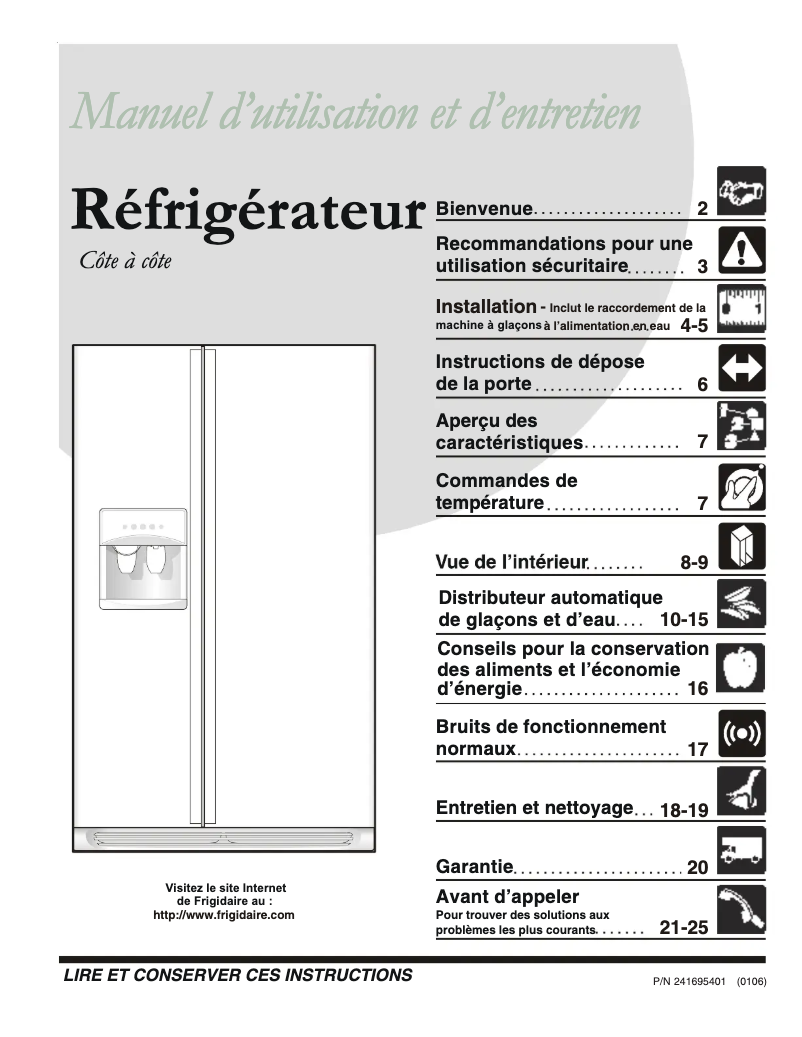 Page 1 de la notice Manuel utilisateur Frigidaire FRS6R4EW