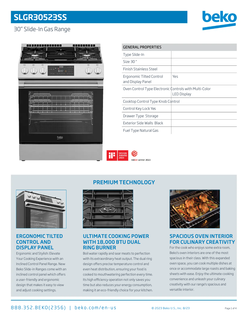 Page 1 de la notice Fiche technique Beko SLGR30523SS