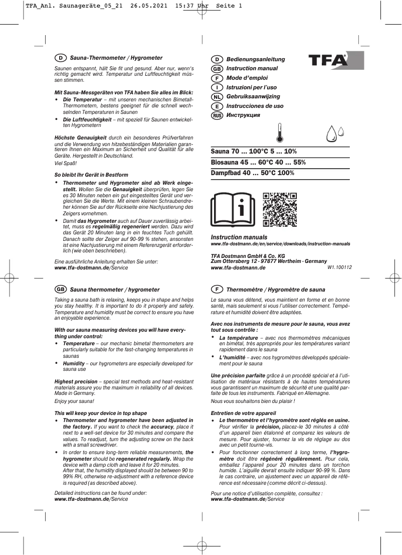 Page 1 de la notice Manuel utilisateur TFA 40.1052.01