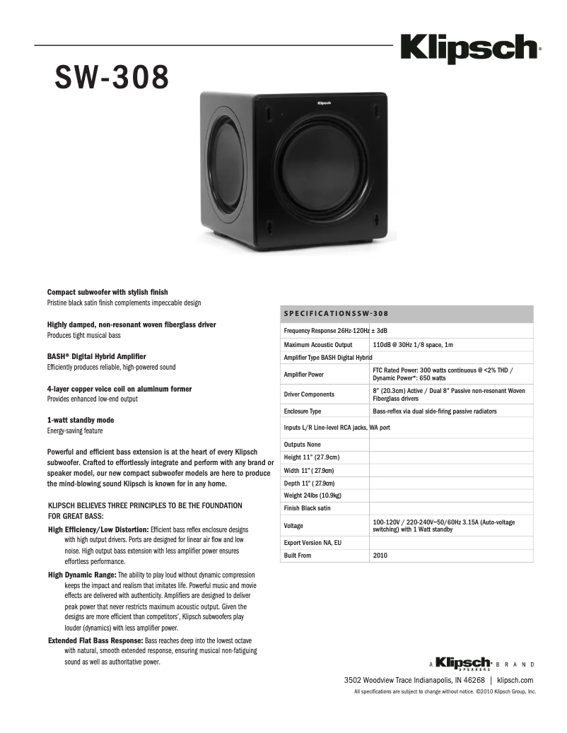 Page 1 de la notice Fiche technique Klipsch SW-308