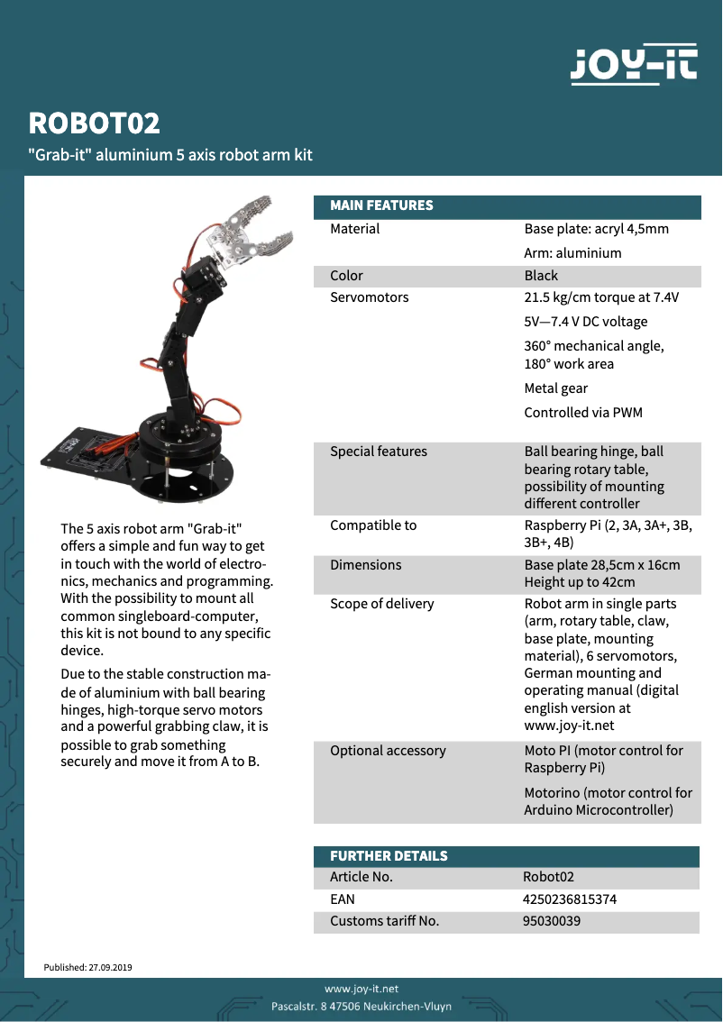 Page n°1 - Fiche technique Joy-It Robot02