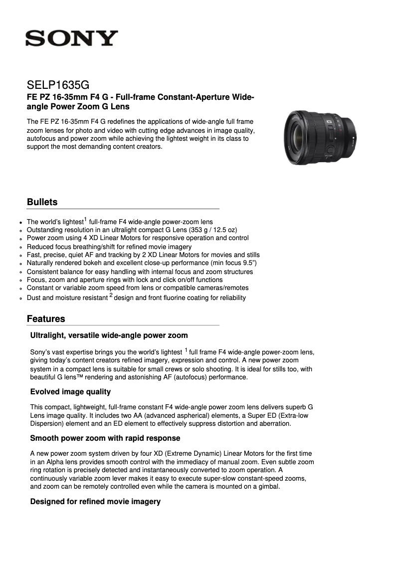 Page 1 de la notice Fiche technique Sony SELP1635G