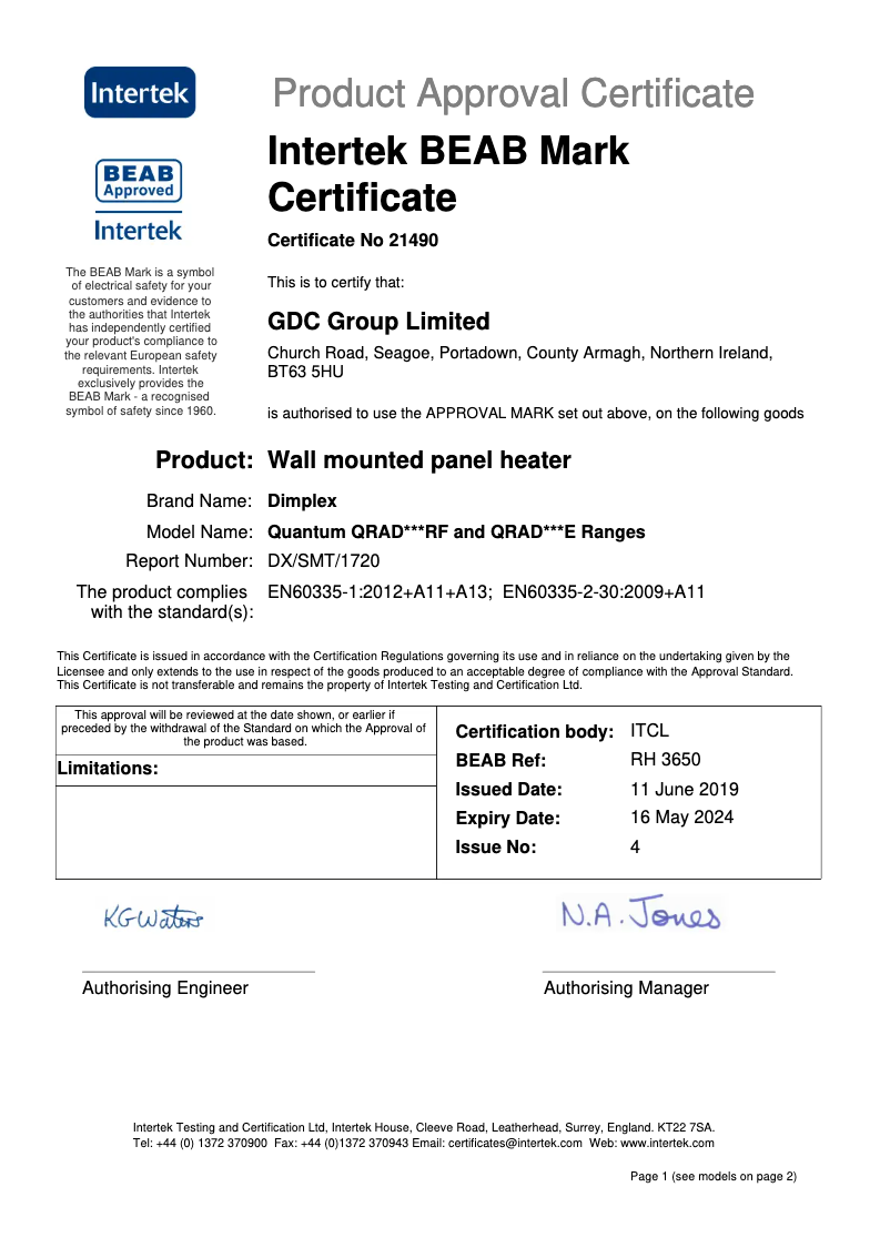 Page 1 de la notice Fiche technique Dimplex QRAD075E
