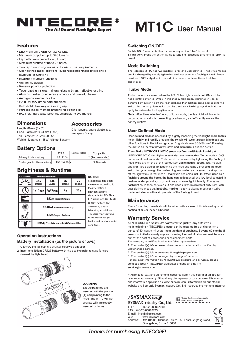 Page 1 de la notice Manuel utilisateur Nitecore MT1C