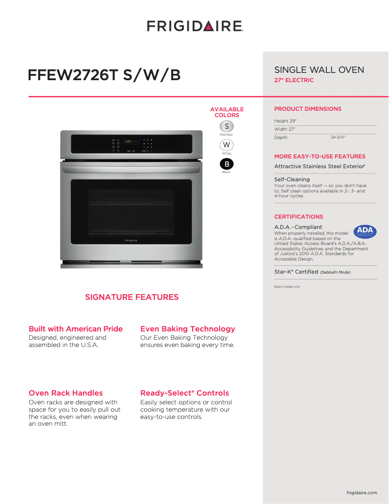 Page n°1 - Fiche technique Frigidaire FFEW2726TS