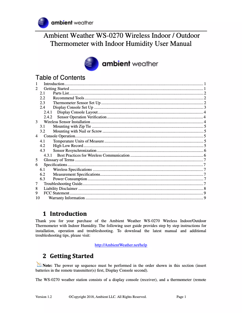 Page 1 de la notice Manuel utilisateur Ambient Weather WS-0270