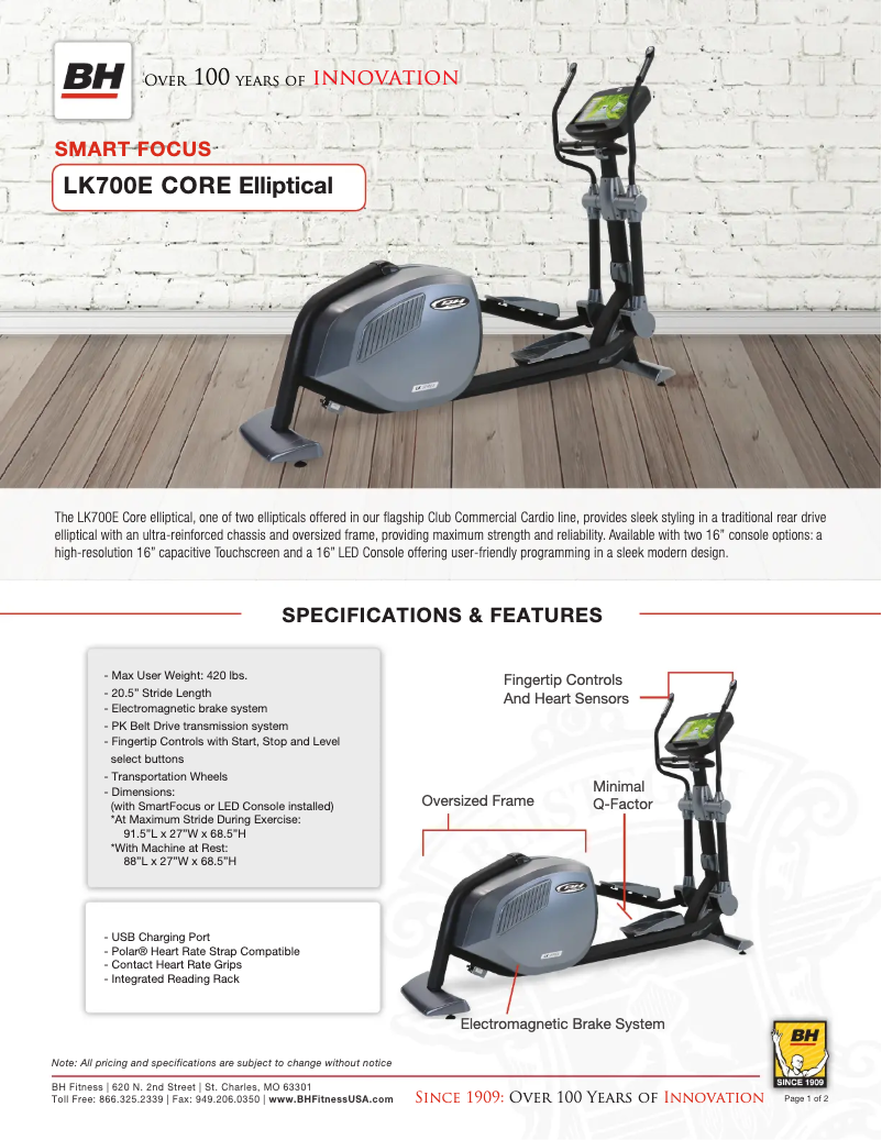 Page 1 de la notice Fiche technique BH Fitness LK700E CORE