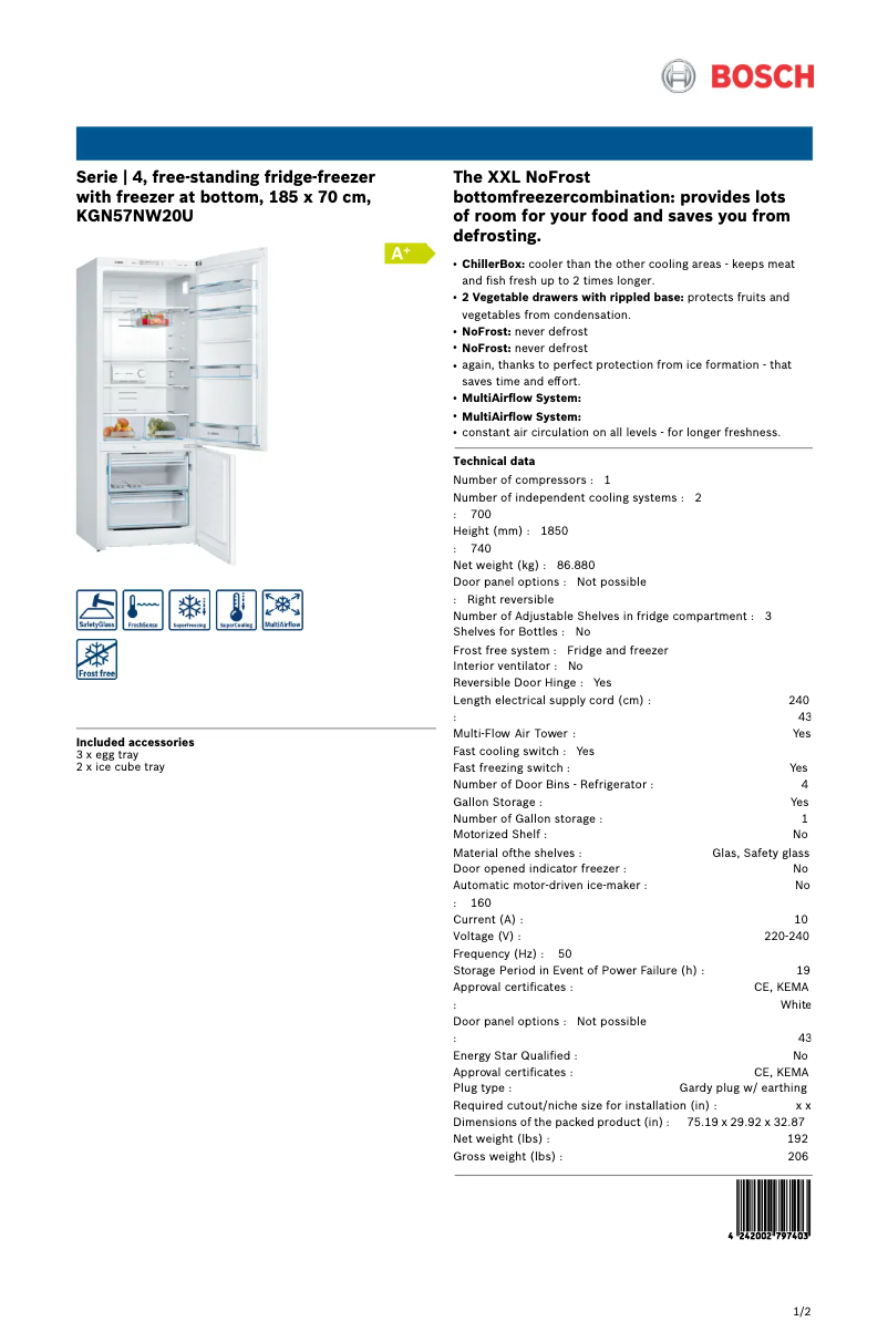 Page 1 of the manual Technical Sheet Bosch KGN57NW20U