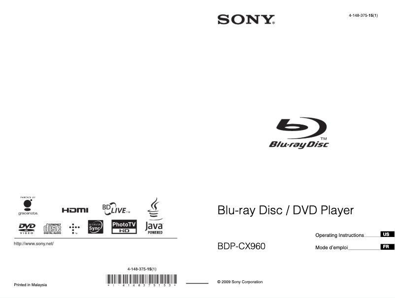 Page 1 de la notice Manuel utilisateur Sony BDP-CX960