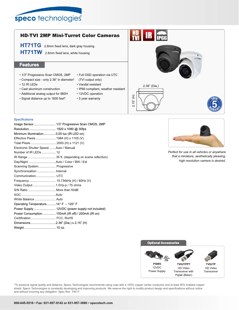 Page 1 de la notice Fiche technique Speco Technologies HT71TW