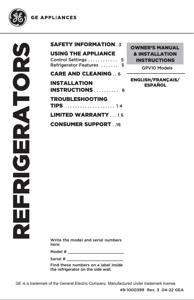 Imagen de la primera página del manual del dispositivo GPV10FSNSB