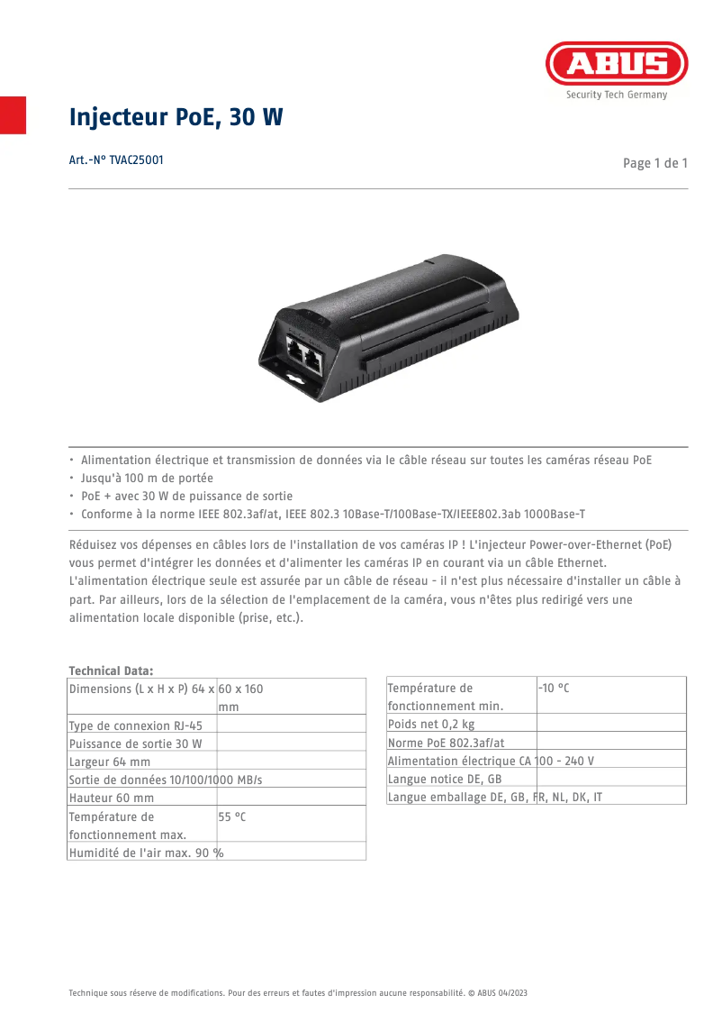 Page 1 de la notice Fiche technique Abus TVAC25001