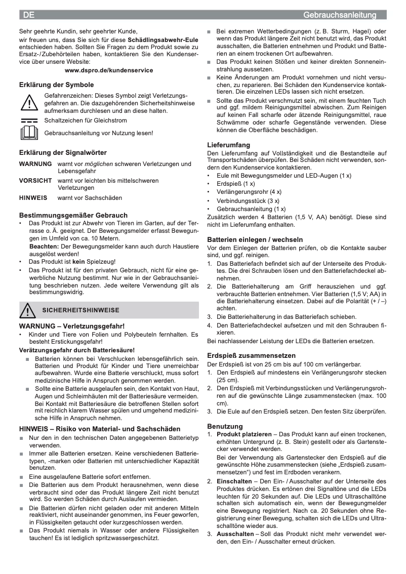 Page 1 de la notice Manuel utilisateur EasyMaxx Eule 03445