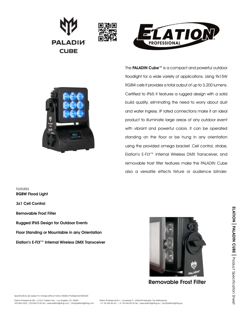 Page 1 de la notice Fiche technique Elation PALADIN CUBE