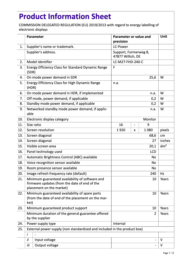 Page 1 de la notice Fiche technique LC-Power LC-M27-FHD-240-C