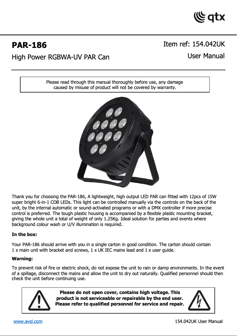 Page 1 de la notice Manuel utilisateur Qtx PAR-186