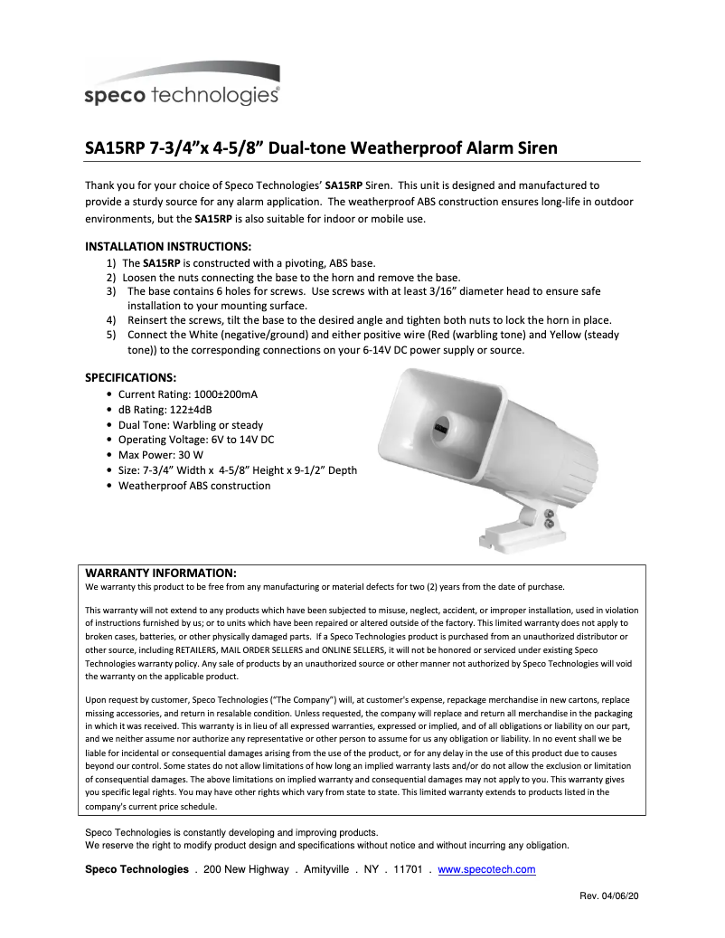 Page 1 de la notice Manuel utilisateur Speco Technologies SA15RP